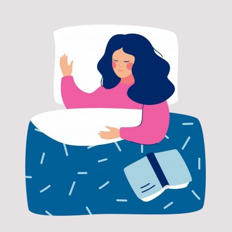 femme dormant la nuit dans son lit avec illustration vectorielle de livre ouvert