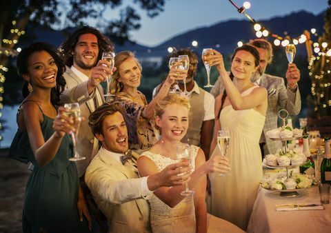 Invités de mariage portant un toast au champagne pendant la réception de mariage dans le jardin