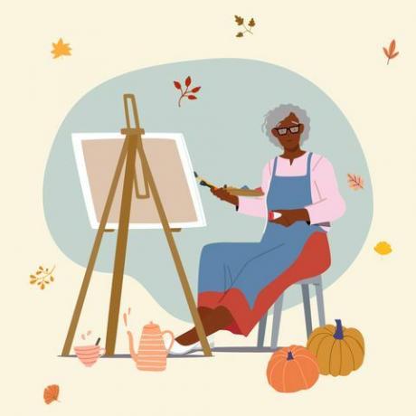 femme âgée illustrée peignant en automne