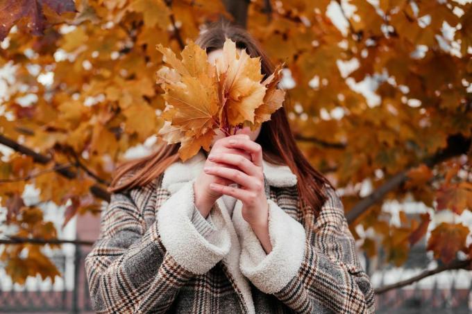 femme tenant des feuilles d'automne