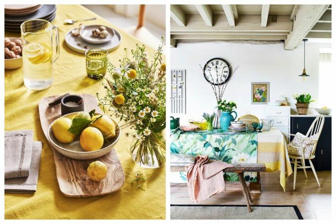 une nappe jaune avec un bol de citrons et une salle à manger de style campagnard et rustique d'un blanc éclatant avec du linge de table fleuri