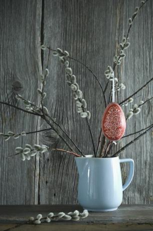 Oeuf de Pâques peint à la main suspendu à des brindilles de saule