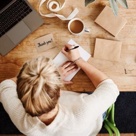 frais généraux, regarder, bas, femme, Écriture, générique, merci, carte