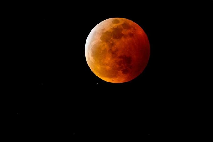 une lune de sang, ou pleine lune avec une ombre rougeâtre due à une éclipse lunaire totale, dans le ciel nocturne