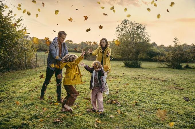 famille heureuse jouant avec des feuilles d'automne sur un pré