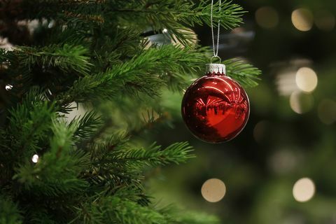 Une boule de Noël pend d'un arbre