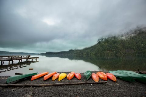 une série de canoës colorés le long de la rive d'un lac