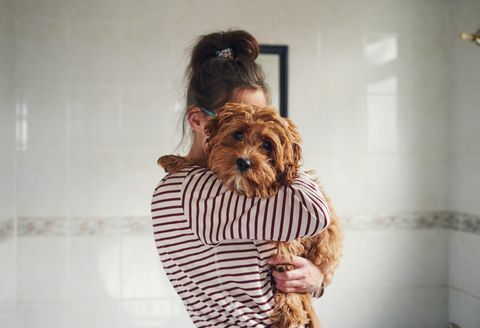 femme, étreindre, chiot